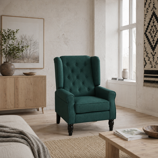 Redi Fabric Dark Green Retro Wingback Accent Armchair With Diamond Button Tufted Upholstery
