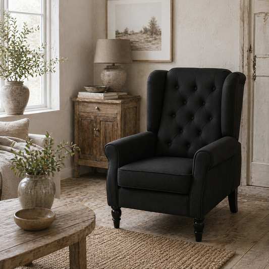 Royo Linen Black Retro Wingback Accent Armchair With Diamond Button Tufting