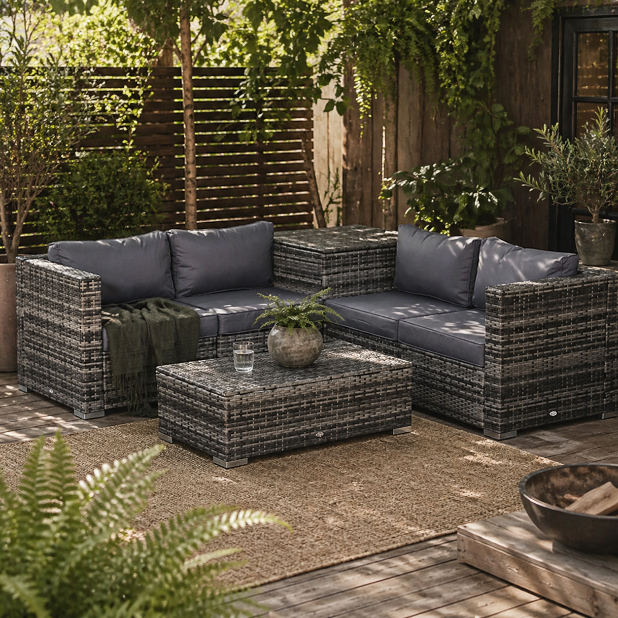 Nenalo Grey Rattan 4 Seataer Corner Sofa Set With Storage Coffee Table And Ottoman