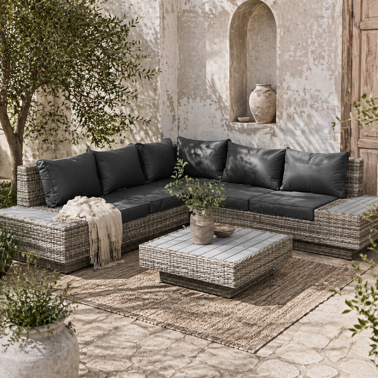 Vaneno Rattan Light Grey 5 Seater Outdoor Corner Sofa And Coffee Table Set With Cushions