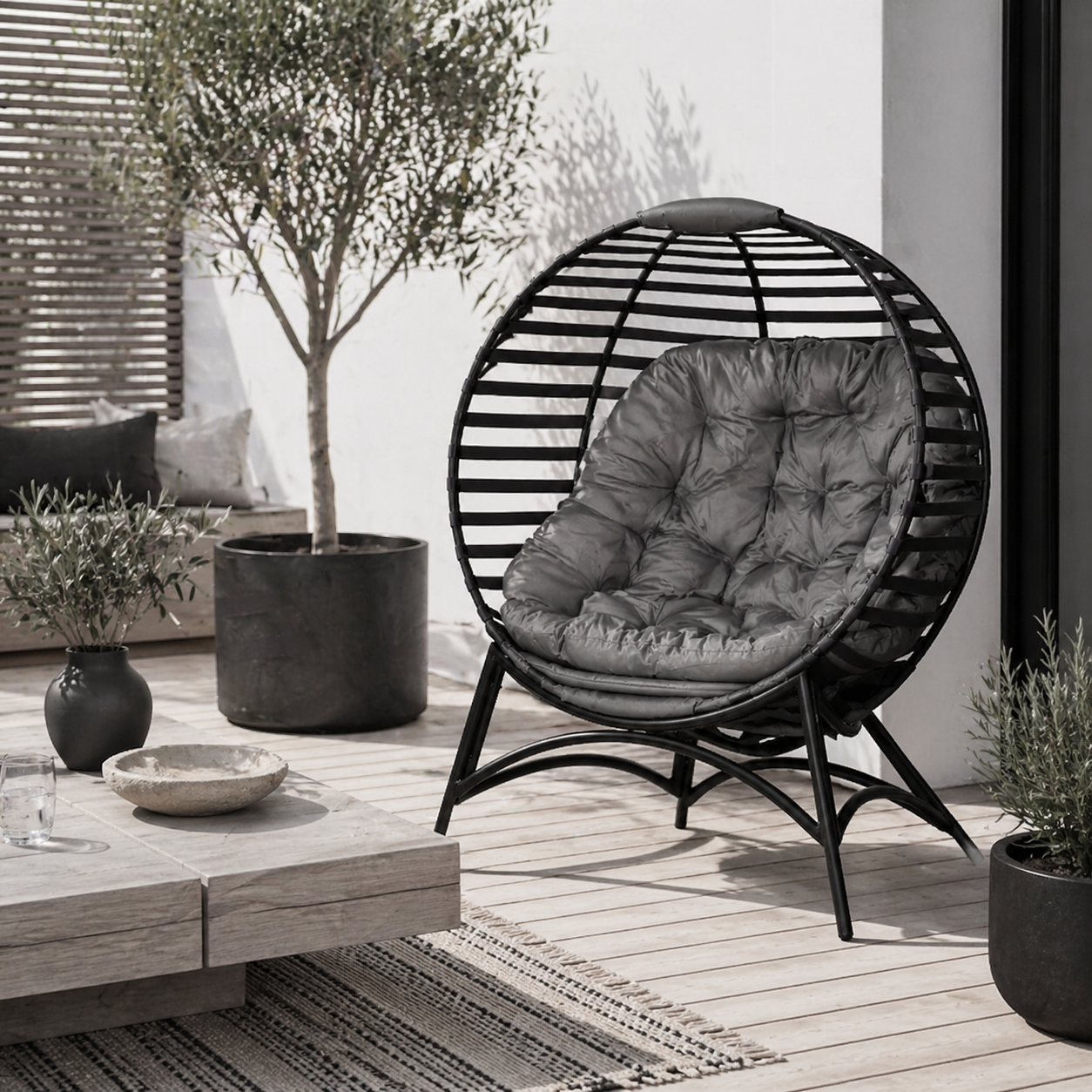 Refito Toma Rattan Brown Egg Chair With Cushions And Side Pocket