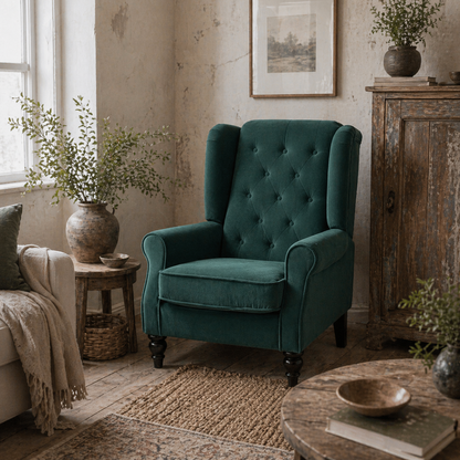 Dona Green Retro Wingback Accent Armchair With Diamond Button Tufted Upholstery
