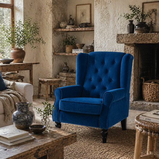 Topano Blue Retro Wingback Accent Armchair With Diamond Button Tufted Upholstery