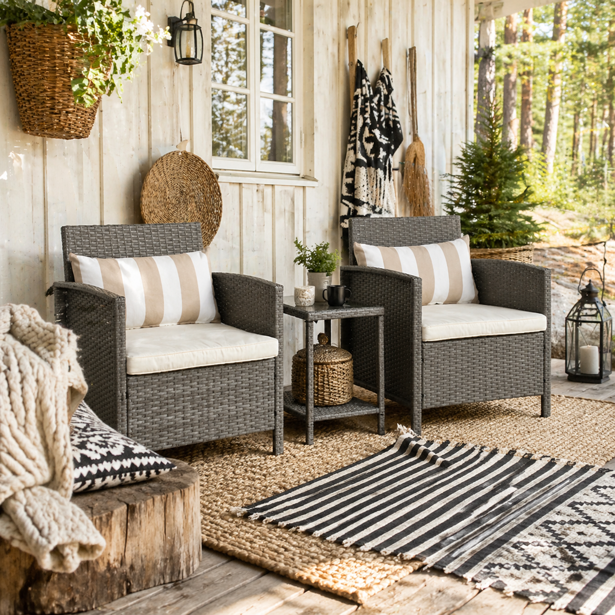 Reha Rattan Light Grey 3 Piece Garden Bistro Set With 2 Tier Glass Table And Stripe Cushions