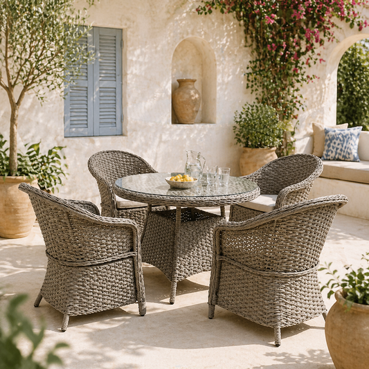 Vifi Rattan Grey 4 Seater Outdoor Dining Set With Glass Table And Cushions