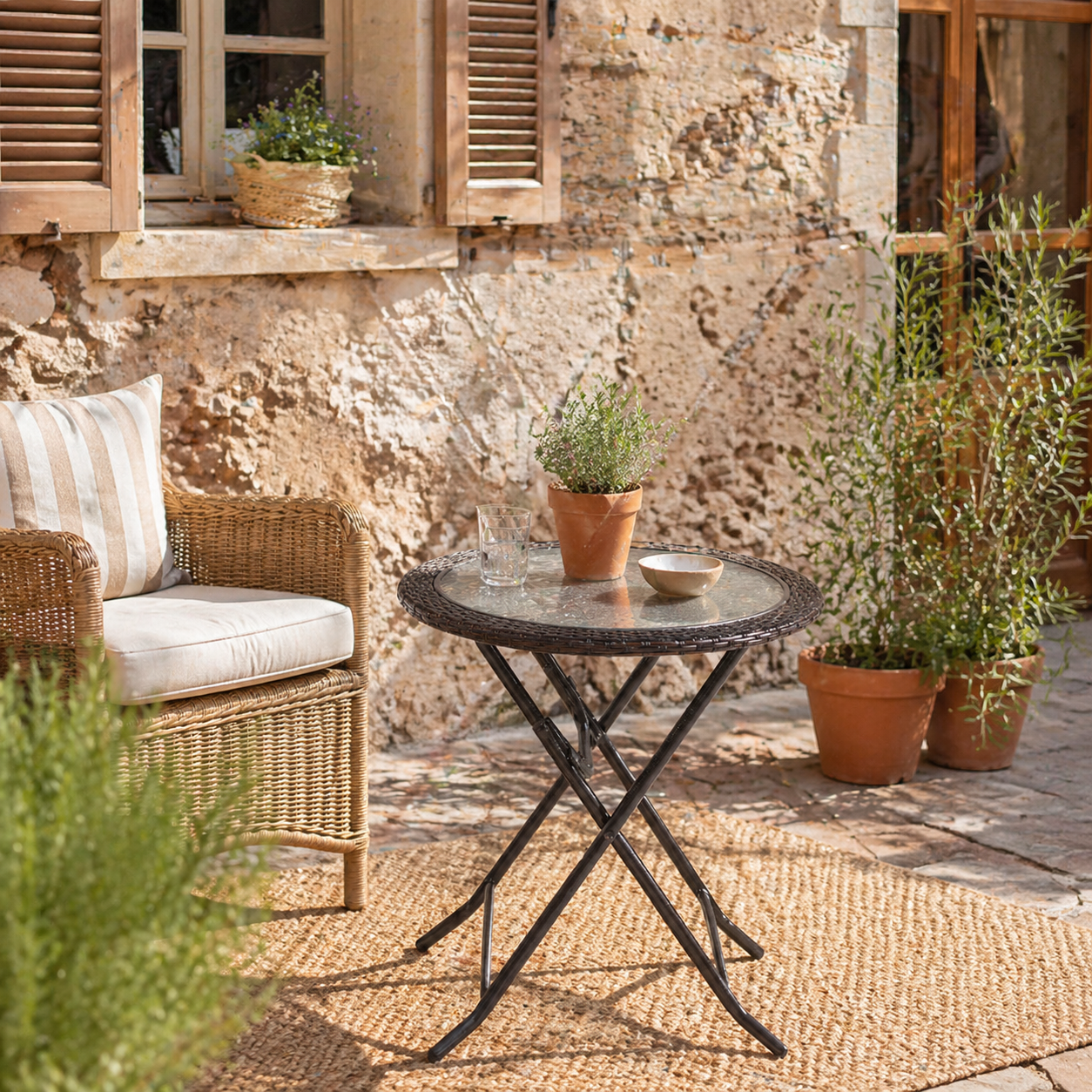 Lose Brown Rattan and Glass Round Folding Outdoor Bistro Table