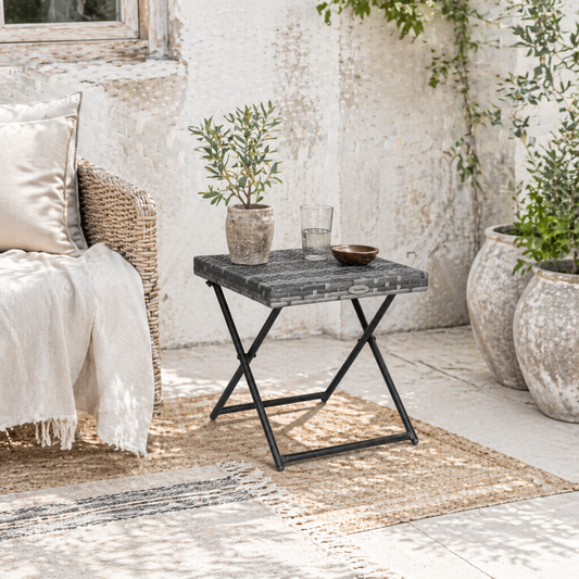 Tasaso Faux Rattan Grey Square Folding Outdoor Side Table With Steel Frame