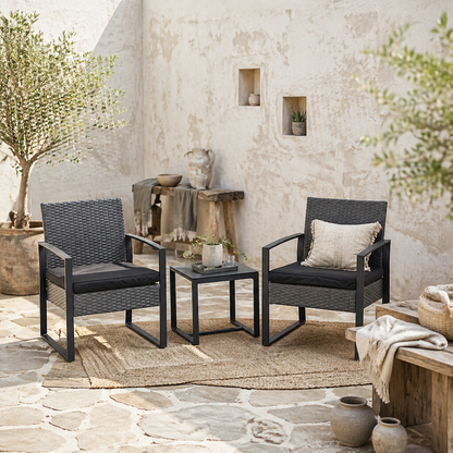Seha Dark Grey Rattan 2 Seater Outdoor Bistro Set With Black Cushions