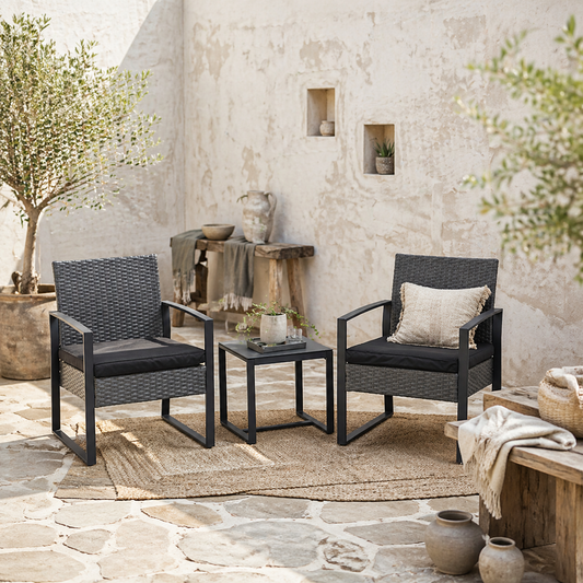Seha Dark Grey Rattan 2 Seater Outdoor Bistro Set With Black Cushions