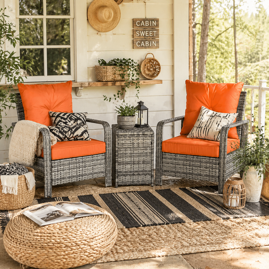 Nola Nora Gey Rattan 3 Piece Bistro Set With Storage Coffee Table And Orange Cushions