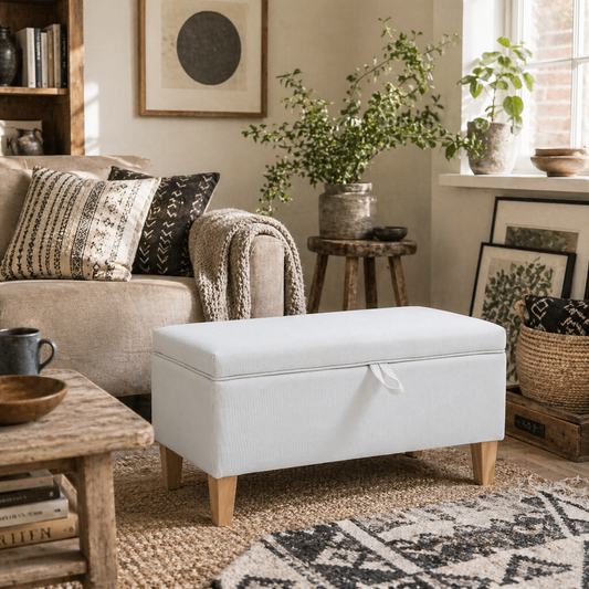 Mael Linen White Storage Ottoman With Padded Seat