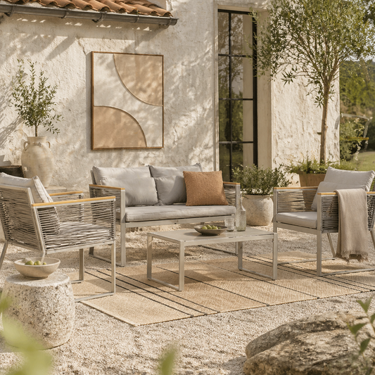 Rotoyo Kaha Grey Rattan String 4 Seater Outdoor Furniture Set With Cushions