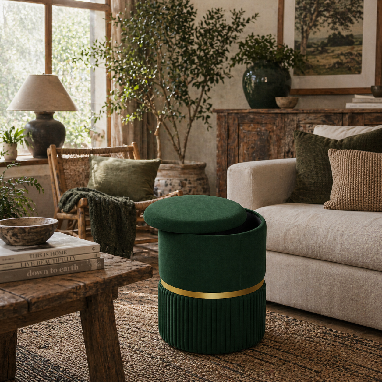 Rapa Etched Velvet Green Storage Ottoman With Gold Detail