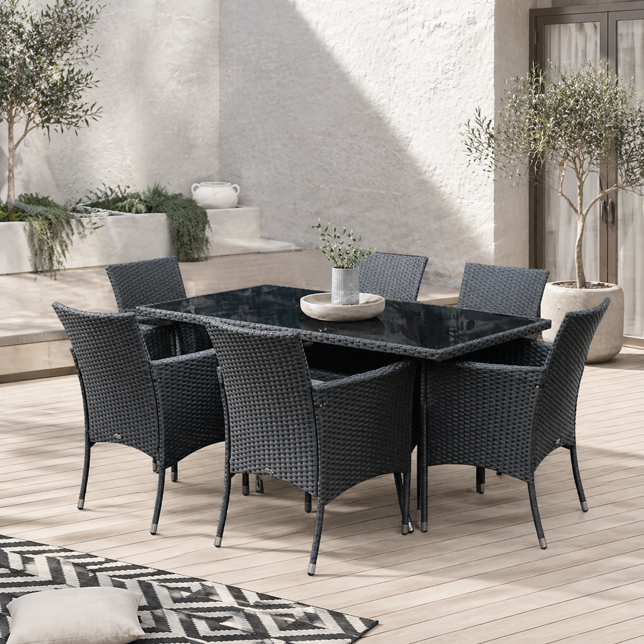 Loreke Black Rattan 6 Seater Outdoor Dining Set With Armchairs And Glass Top Table