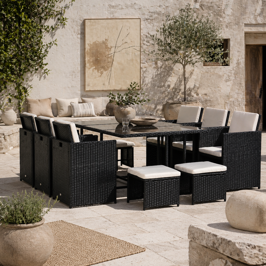 Lokeha 10 Seater Black Rattan And Cream Outdoor Dining Set
