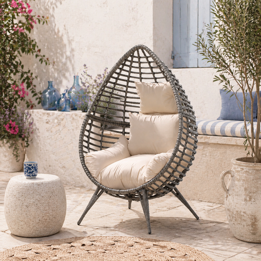 Elpale Grey Rattan Teardrop Egg Chair With Cream Cushion