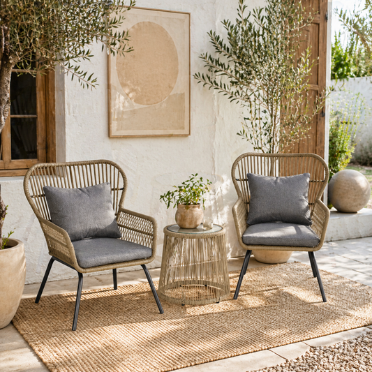 Luluse Natural Brown Rattan 3 Piece Outdoor Garden Bistro Set With Grey Cushions And Glass Coffee Table