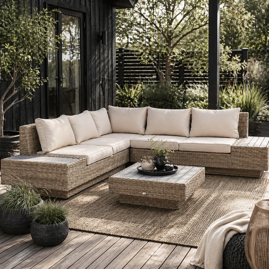 Repa Natural Rattan and Beige 5 Seater Garden Corner Sofa Set With Side Tables and Coffee Table