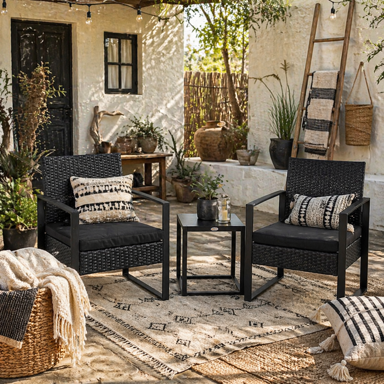 Sofira Rattan Black 2 Seater Outdoor Coffee And Chair Bistro Set
