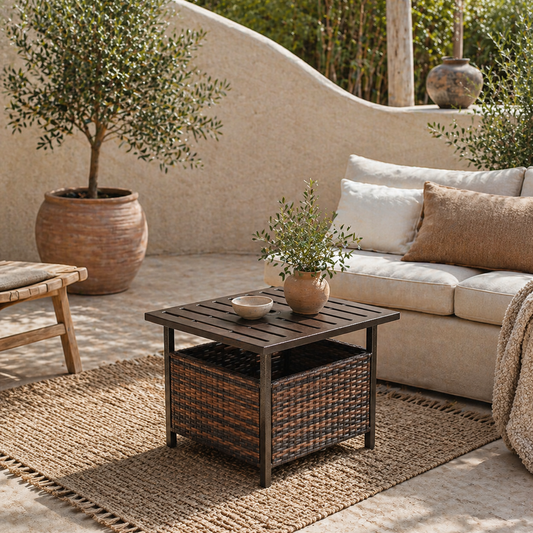Lalema Rattan Brown Square Outdoor Coffee Table With Umbrella Hole And Slatted Top