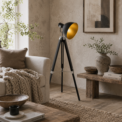 Cono Wood And Metal Black And Gold Adjustable Tripod Spotlight Floor Lamp