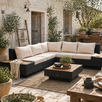 Miramar Rattan Black 5 Seater Outdoor Corner Sofa And Coffee Table Set With Cream Cushions