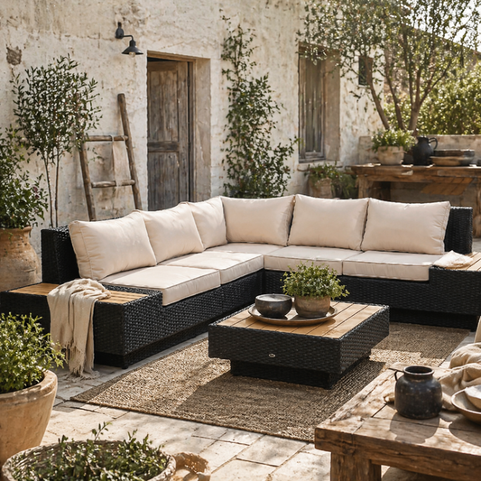 Miramar Rattan Black 5 Seater Outdoor Corner Sofa And Coffee Table Set With Cream Cushions