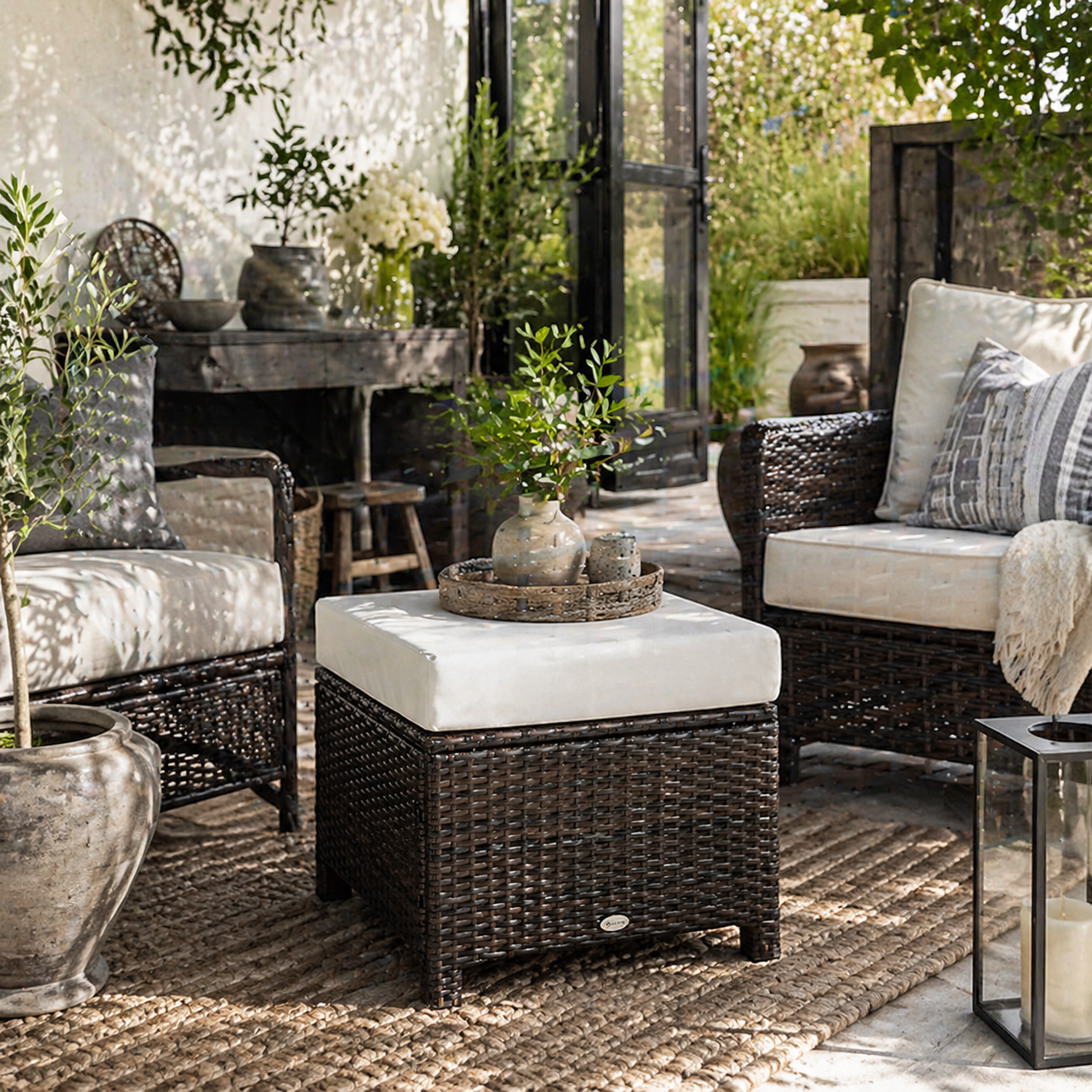 Molo Rattan Brown Square Outdoor Footstool With Padded Cushion