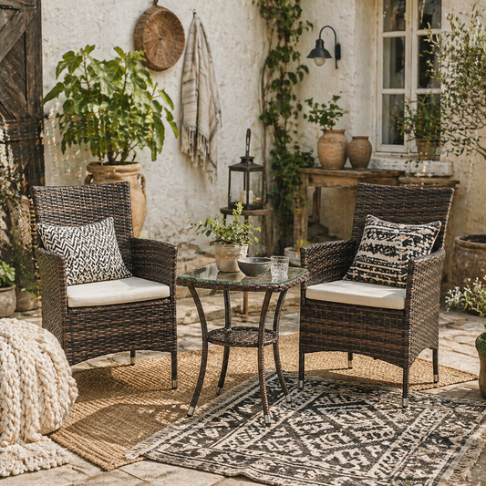 Lovi Rattan Brown 3 Piece Outdoor Bistro Chair Set With Cushions