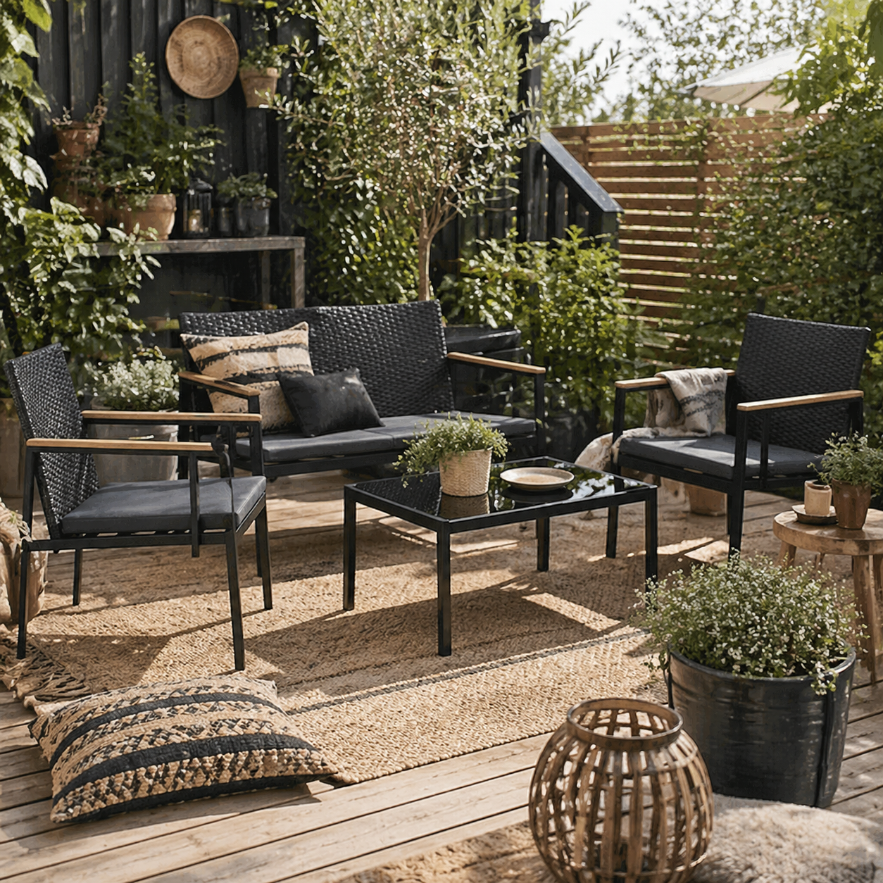 Rasedo Rattan Black 4 Seater Outdoor Sofa Set With Loveseat Armchairs Glass and Coffee Table