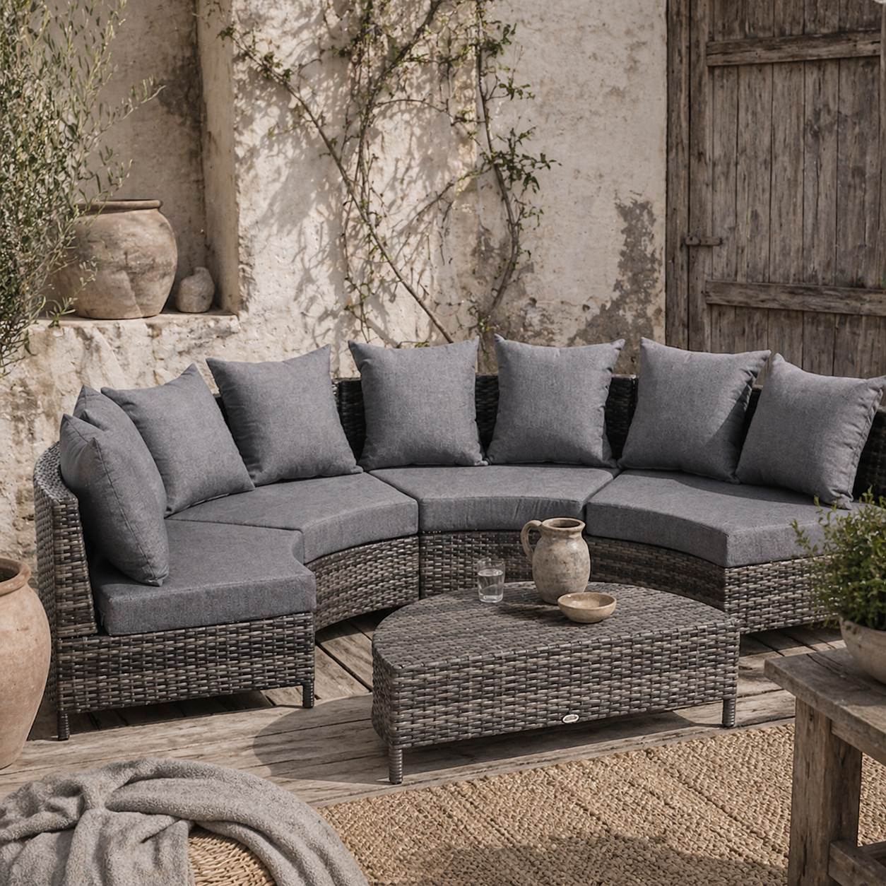 Reka Rattan Grey 5 Seater Half Round Outdoor Sofa Set With Coffee Table