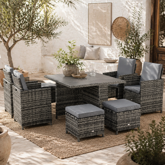 Noco Rattan Grey 8 Seater Outdoor Dining Set With Armchairs and Footstools