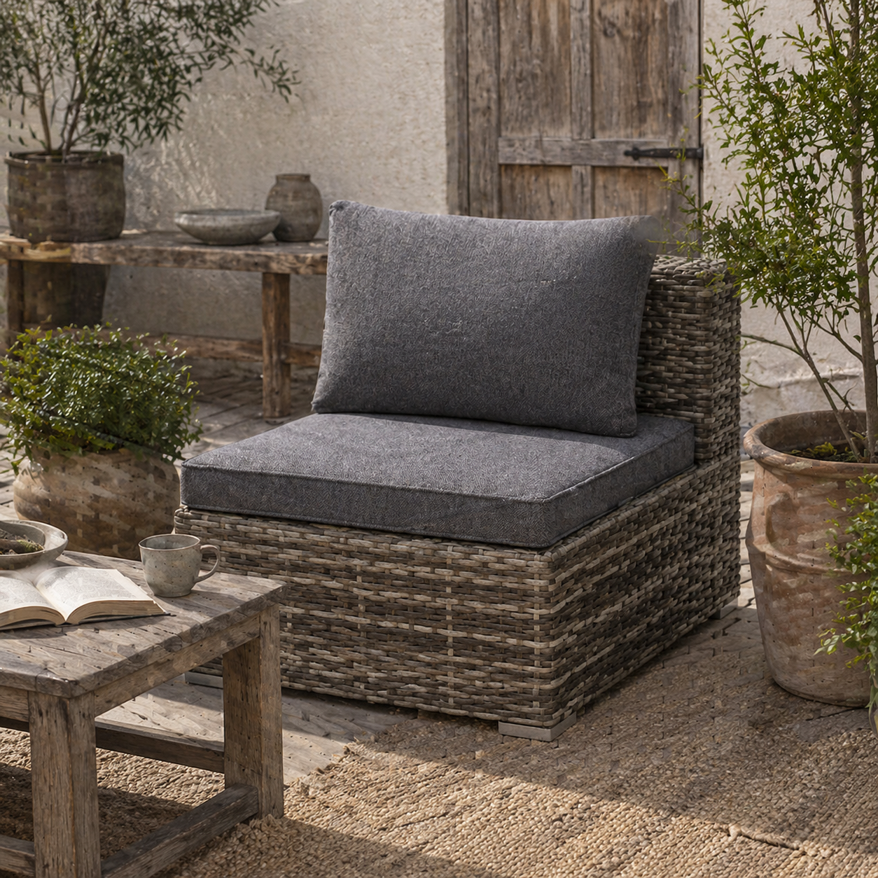 Riva Rattan Deep Grey Armless Outdoor Armchair With Cushions