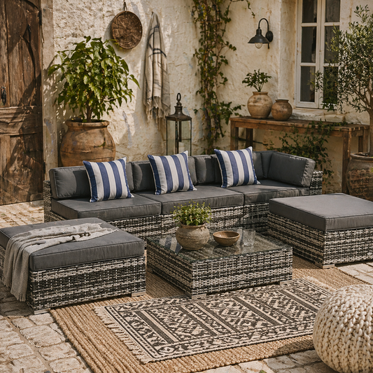 Nona Rattan Grey 8 Seater Outdoor Sofa Coffee Table Set With Cushions