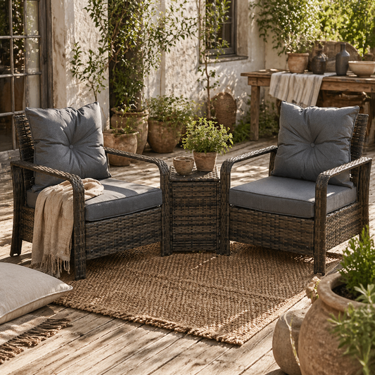 Ziha Rattan Grey 3 Piece Bistro Set With Storage Coffee Table And Cushioned Chairs