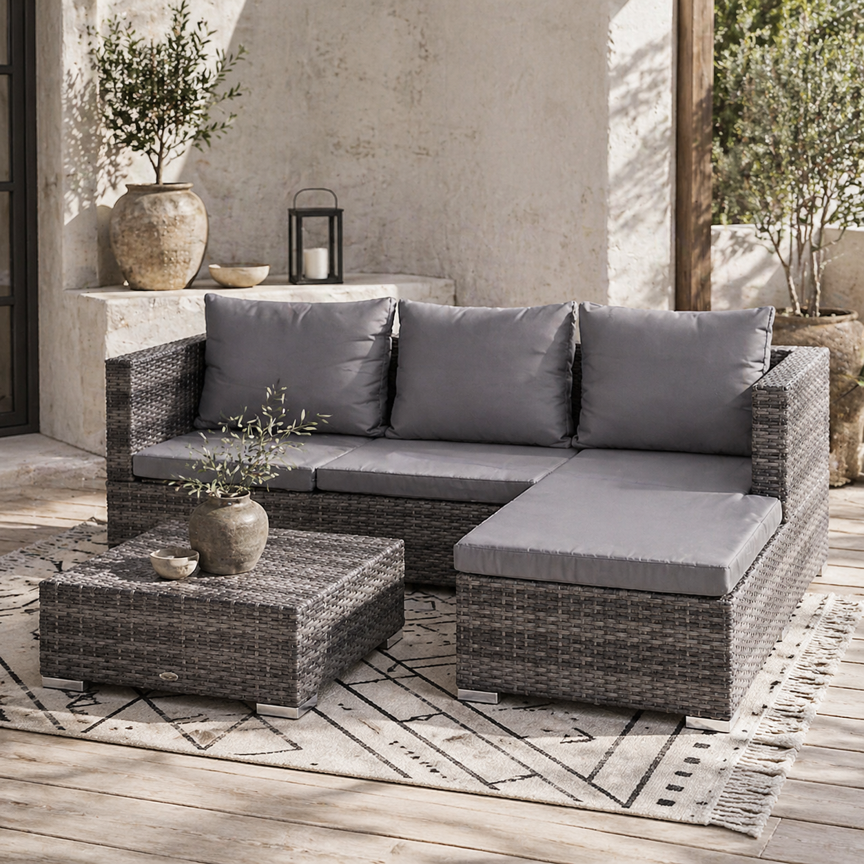 Sevafa Rattan Grey L Shaped Outdoor Corner Sofa And Coffee Table Set With Cushions