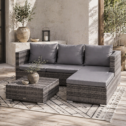 Sevafa Rattan Grey L Shaped Outdoor Corner Sofa And Coffee Table Set With Cushions