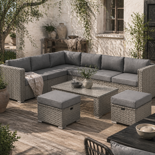 Rava Faux Rattan Grey 8 Seater Corner Sofa Set With Glass Coffee Table And Footstools