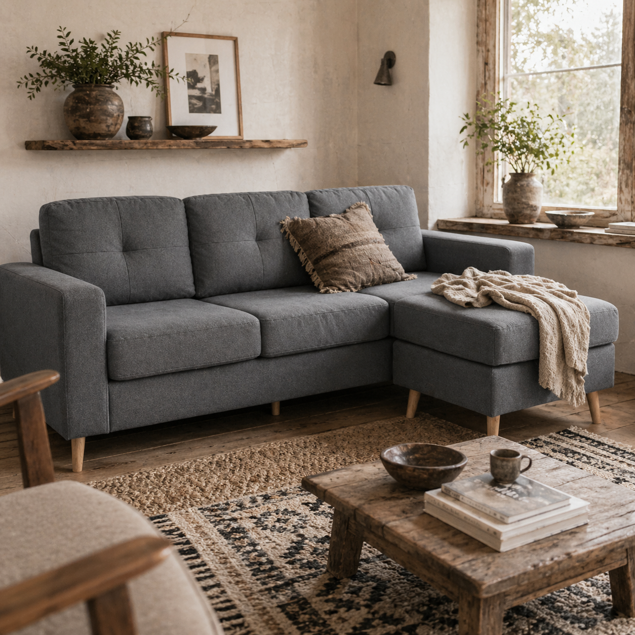 Tafave Fabric Dark Grey L Shaped Corner Sofa With Footstool Tufted Back And Wooden Legs