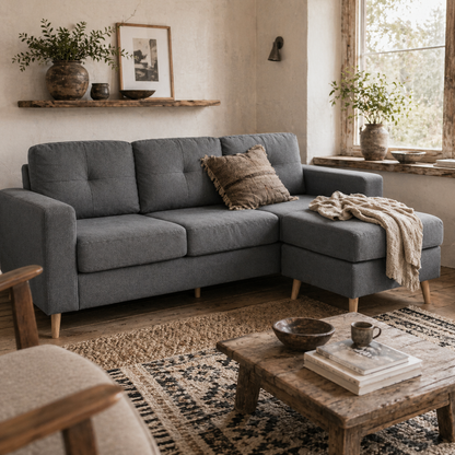 Tafave Fabric Dark Grey L Shaped Corner Sofa With Footstool Tufted Back And Wooden Legs