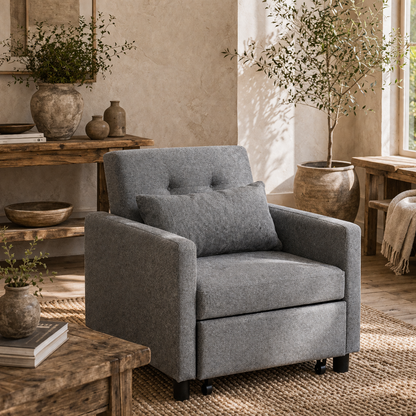 Hala Fabric Grey 3 In One Single Chair Bed With Adjustable Back Pillow And Footrest