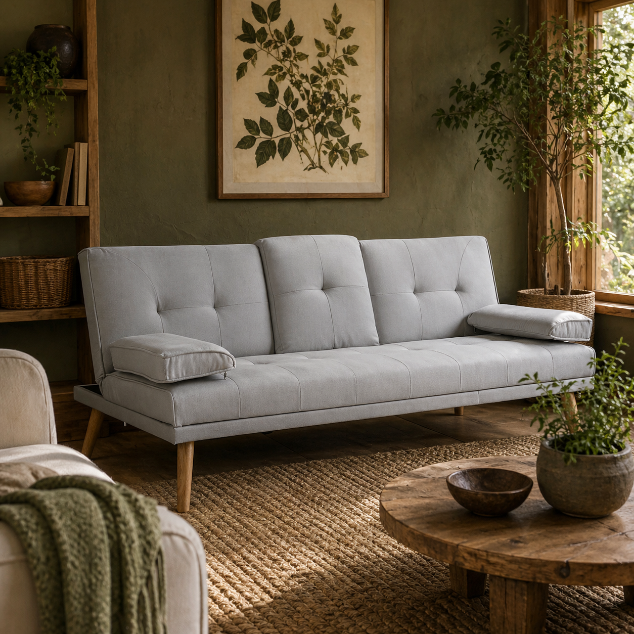 Suma Grey Fabric Click Clack Sofa Bed Tufted Back Removable Arms