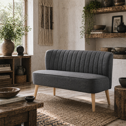 Coliba Fabric Grey Compact 2 Seater Sofa With Padded Seat And Wooden Legs