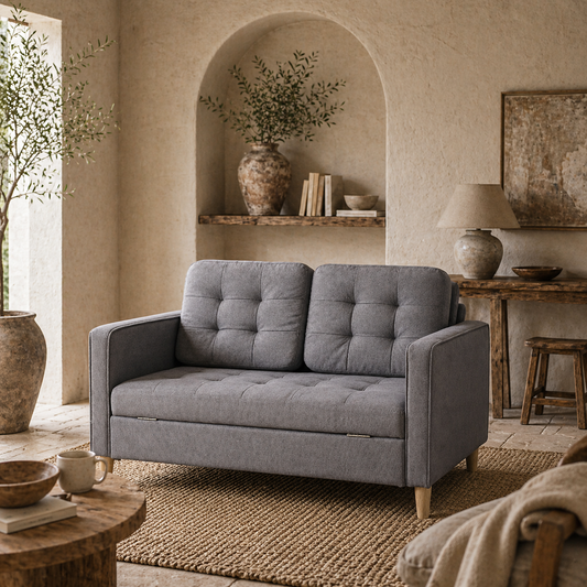 Labasu Fabric Grey 2 Seater Sofa With Hidden Storage Tufted Seat And Wooden Legs
