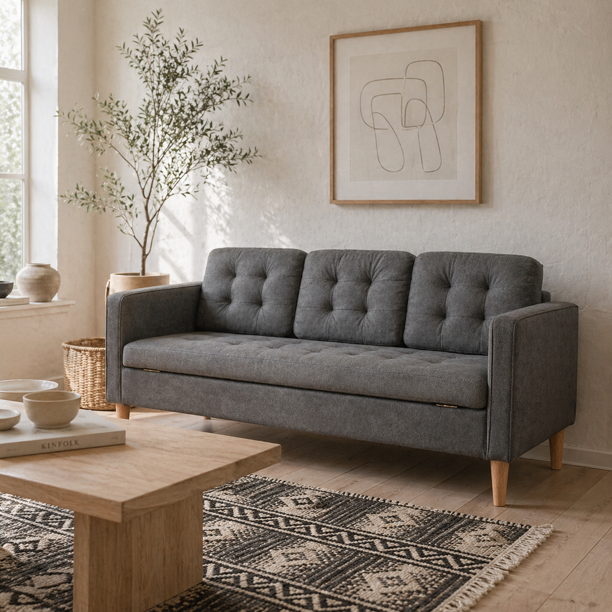 Fabric Grey 3 Seater Sofa With Hidden Storage Tufted Seat And Wooden Legs