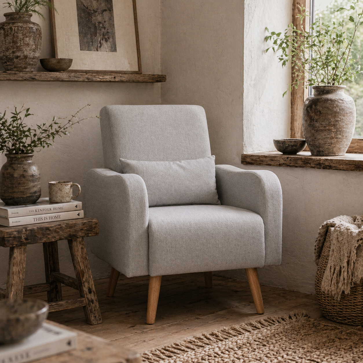 Ziha Niri Linen Effect Light Grey Accent Armchair With Cushion