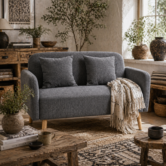 Rocoro Fabric Grey 2 Seater Sofa With Cushions Armrests And Wooden Legs