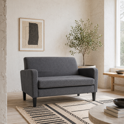 Kahaba Linen Grey Curved 2 Seater Sofa With Thick Cushion And Wooden Legs