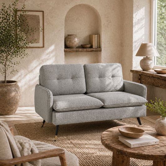 Fine Fabric Grey Button Tufted 2 Seater Sofa With Cushions And Steel Legs