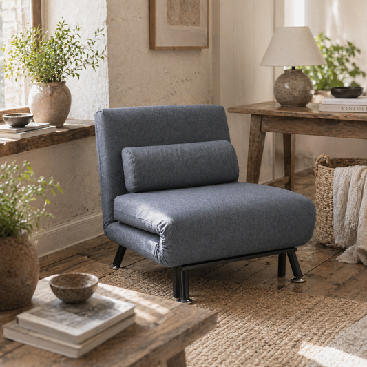 Raha Linen Dark Grey 3 In One Convertible Chair Bed With Adjustable Backrest And Pillow